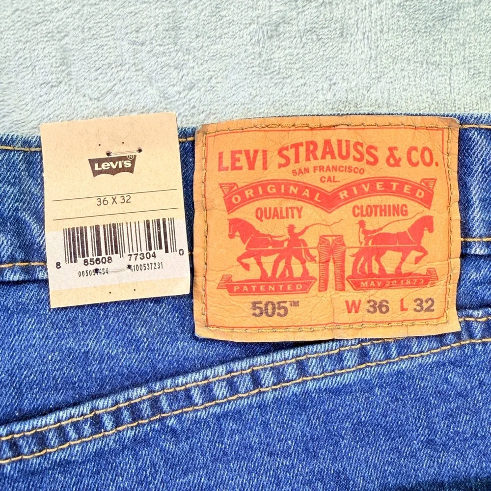 Levis 505 Regular Fit Stretch Jeans Mens 36x32 Blue Denim Mid Rise NWT